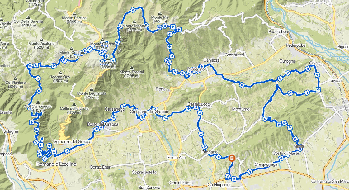 Mappa del percorso dell'Asolo 100 km